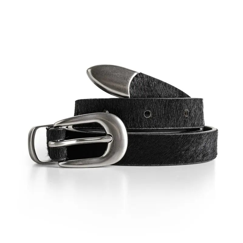 Maden Women’s Leather Belt Vintage Black Leopard Print Narrow Cowhide Belt with Pin Buckle Fashion Female Waist Accessories