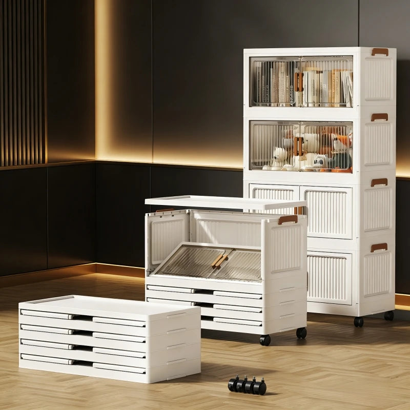 3/4/5/6-layer white plastic storage bins, foldable and stackable, with double doors, handles, and lockable wheels, see-through for easy storage, perfect for bedrooms, closets, and the living room