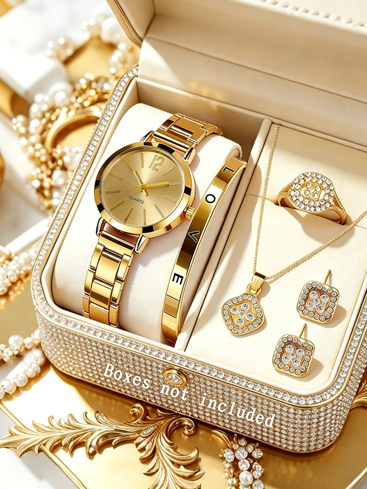 Ladies Casual Fashion Quartz Watch And Hollow out Jewelry Set Suitable for Daily Wear Holiday Outfits Birthday Gifts