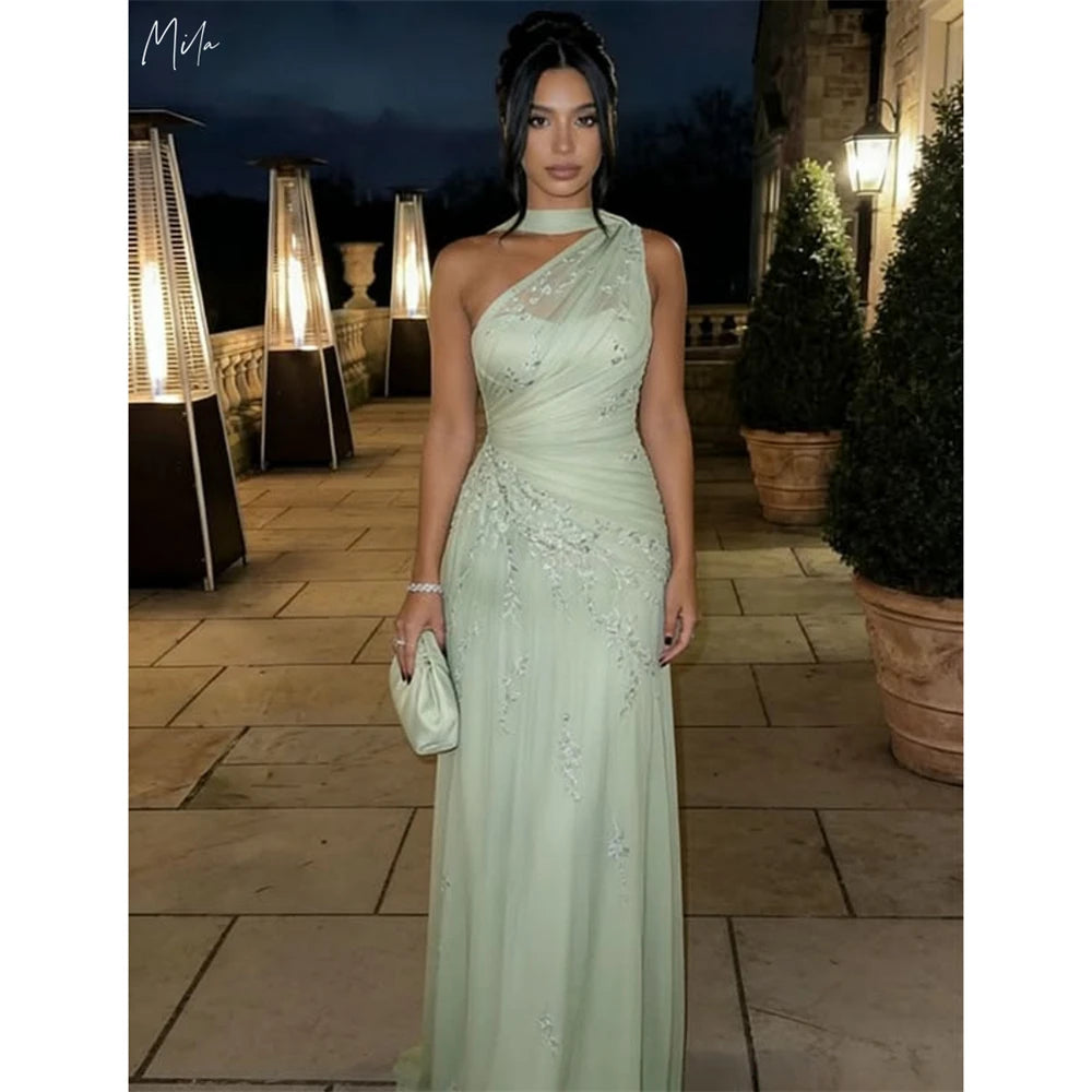 Mila Customized A-line Light Green Floral Embroidery Prom Dress One Shoulder Formal Evening Floor-length Vestidos De Fiesta 2026