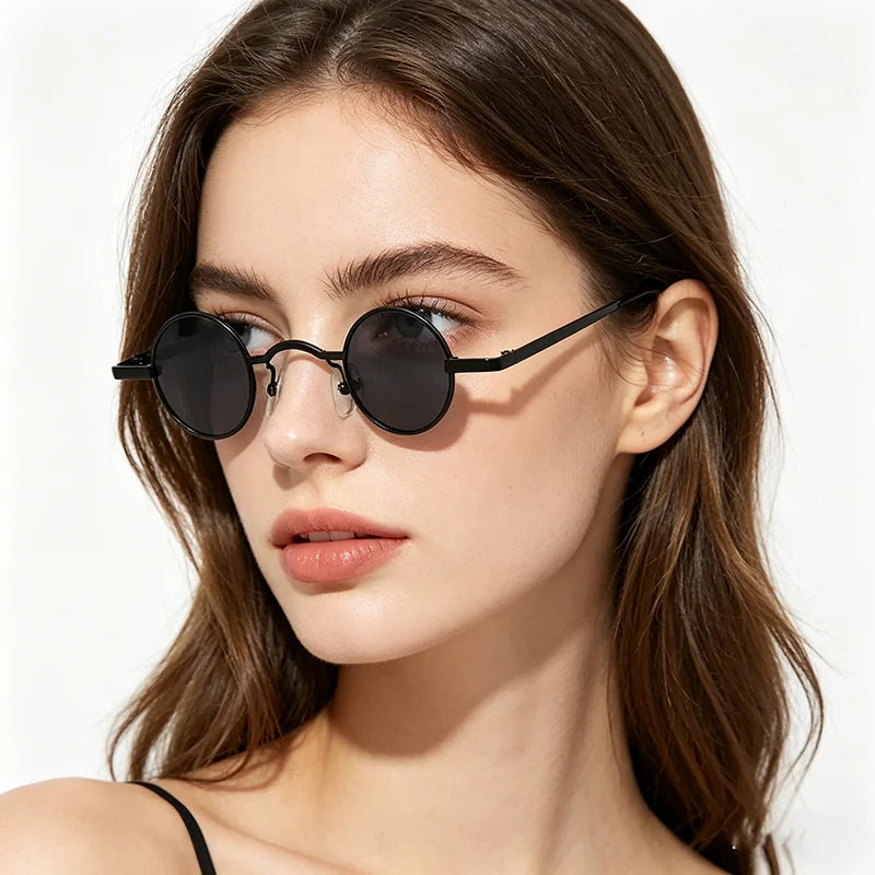 Vintage Rock Punk Man Sunglasses Classic Small Round Sunglasses Women Wide Bridge Metal Frame Black Lens Driving Eyewear