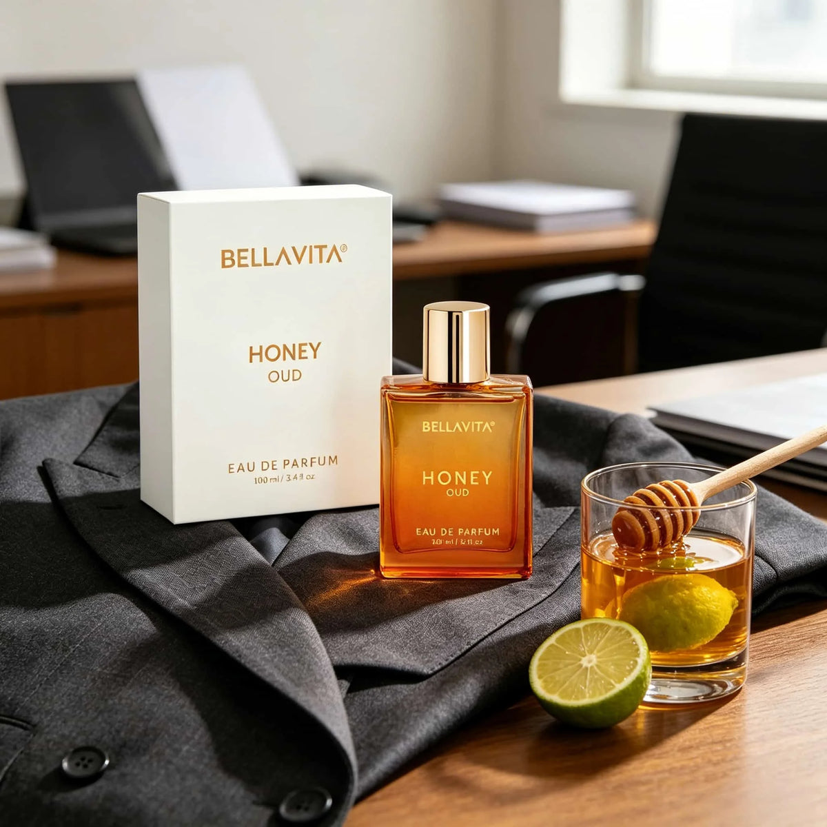 BELLAVITA LUXURY HONEY OUD light essence spray 3.4 oz 100 ml, sweet honey ebony top note honey+saffron middle note ebony+rose, lasting 6-8 hours, a warm choice for daily work/dating
