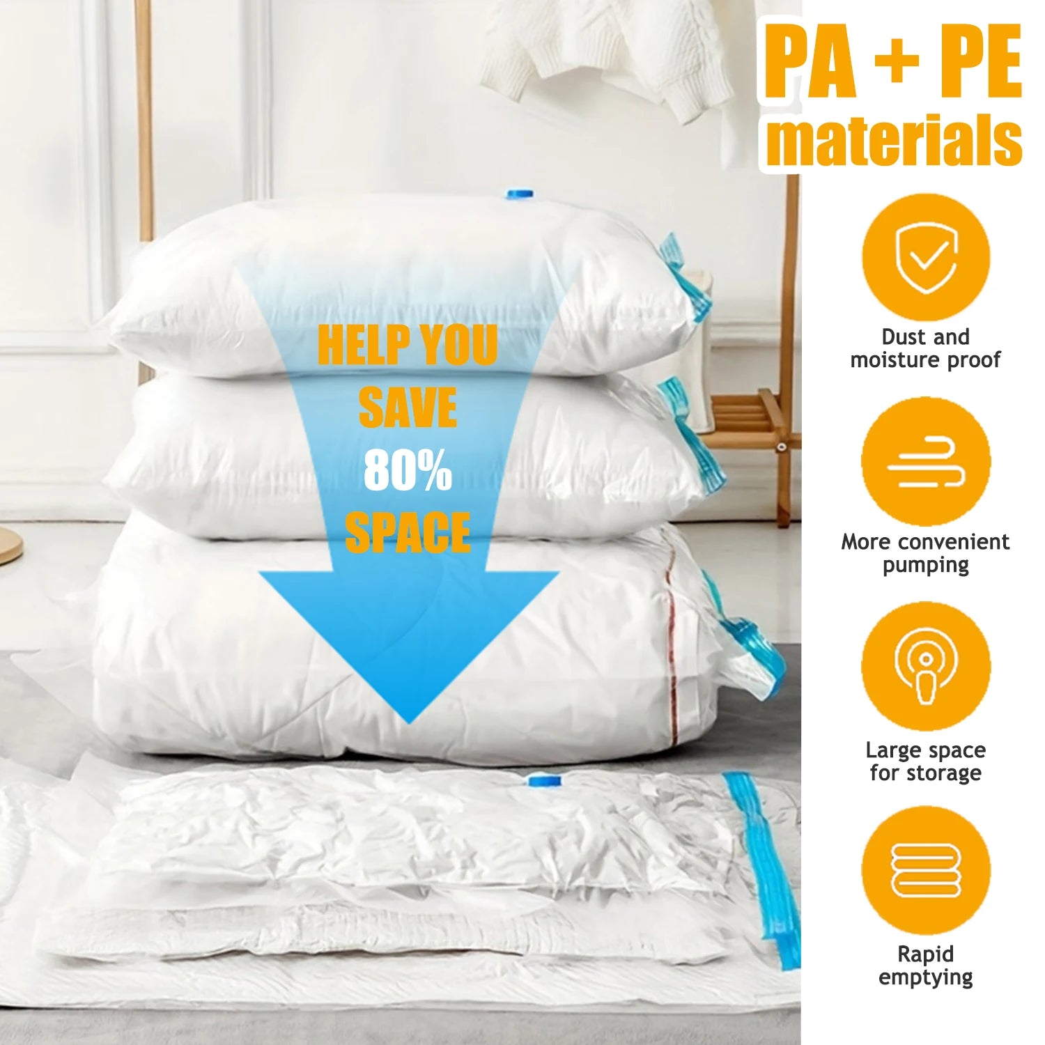 Vacuum Storage Bags with Electric Pumps That Save Space, Available in Multiple Sizes (S/M/L), Made of PA+PE Material, Featuring