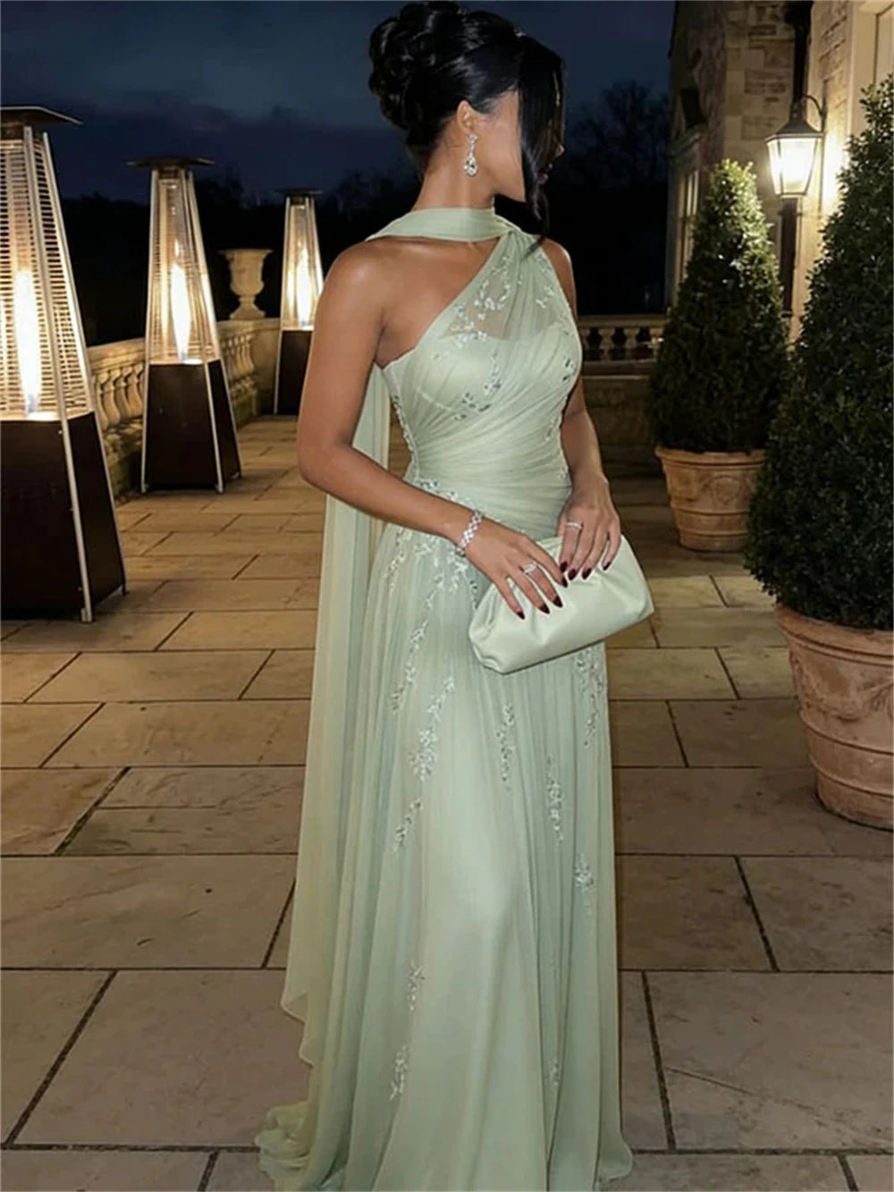 Mila Customized A-line Light Green Floral Embroidery Prom Dress One Shoulder Formal Evening Floor-length Vestidos De Fiesta 2026