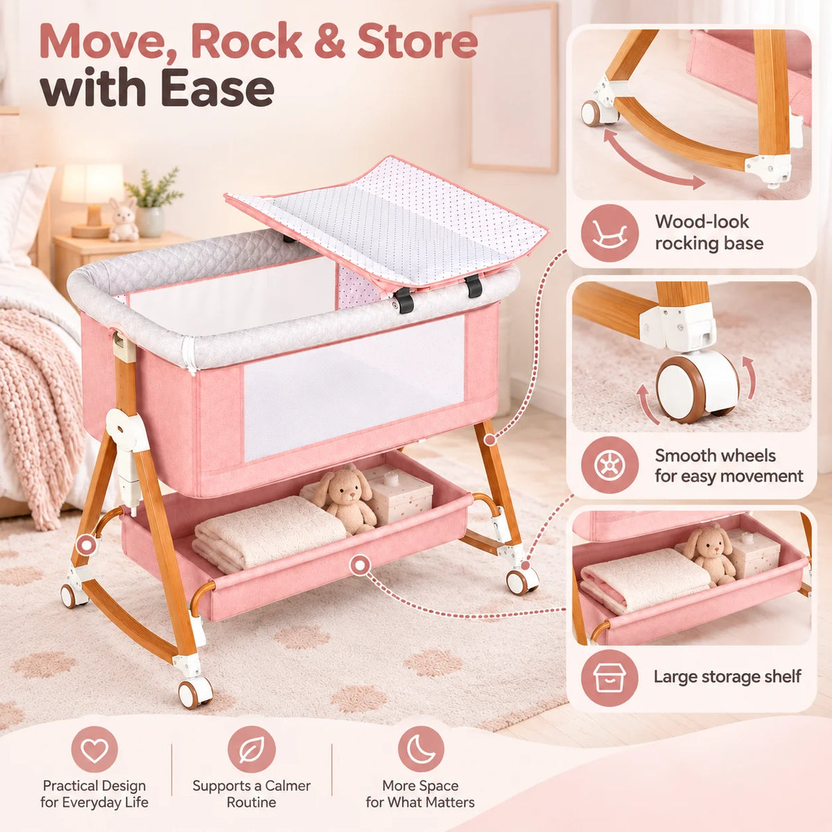 Kmaier Baby Bassinet Foldable Portable Bedside Crib,With Removable Changing Station,Storage Basket Breathable Mesh& Lockable Wheels,Pink Dark Grey