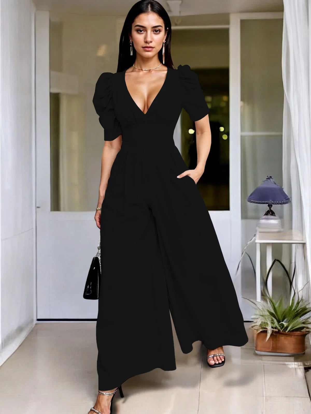 Wide Leg Jumpsuit V Neck Puff Sleeve Casual for Women