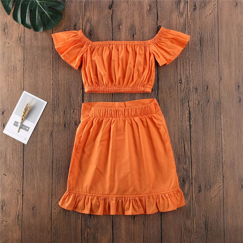 1-5Years Toddler Girls Orange Clothes Set  Off Shoulder Cropped Tops Ruffle Skirt Set For Girls Summer 2pcs Outfits