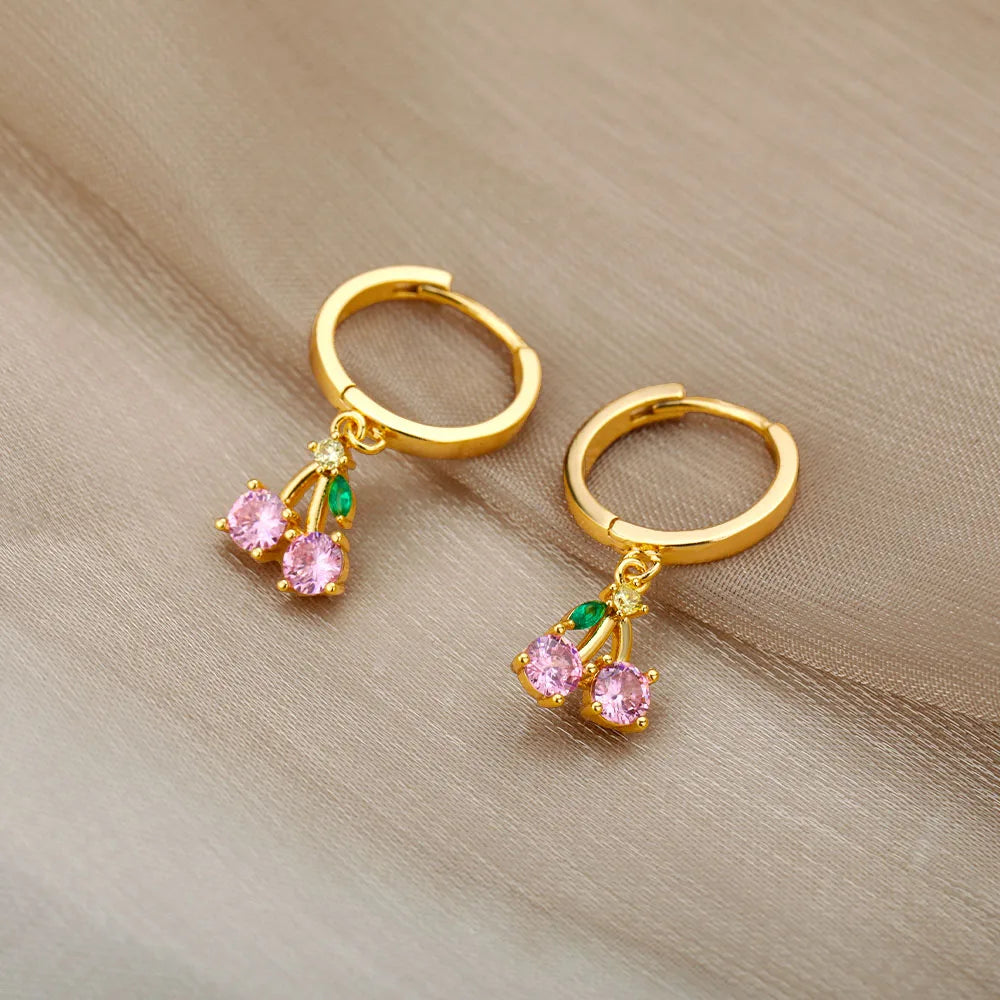 Crystal Fruit Cherry Drop Earrings For Women Stainless Steel Pink Cherry Earring Femme Fairy Fashion Boho Jewerly Gift 2023
