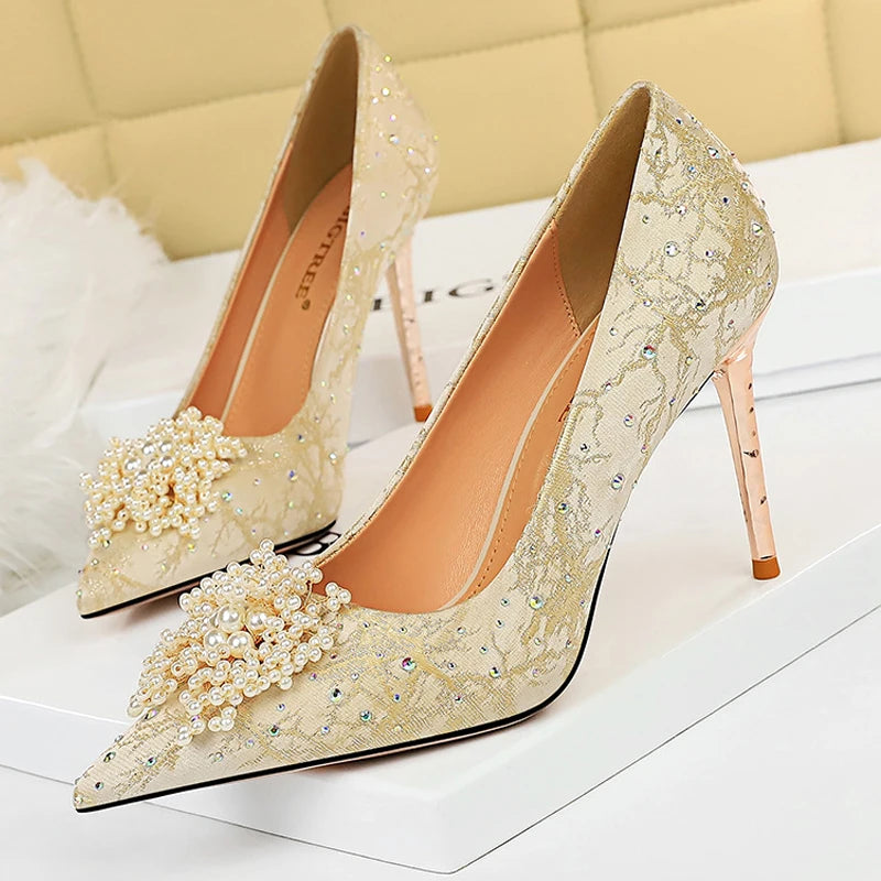 BIGTREE Shoes Pearl Flowers Woman Pumps Rhinestone High Heels 2026 New Luxurious Women Heels Stiletto Large Size Ladies Pumps