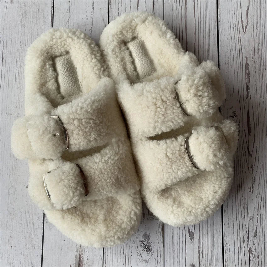 Cute Fluffy House Slippers For Woman Real Lamb Wool Slides Luxury Winter Warm Flip Flops Comfortable Plush Women's Mules Shoes
