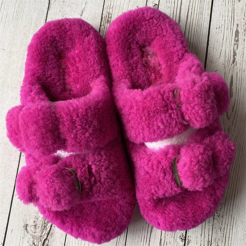 Cute Fluffy House Slippers For Woman Real Lamb Wool Slides Luxury Winter Warm Flip Flops Comfortable Plush Women's Mules Shoes