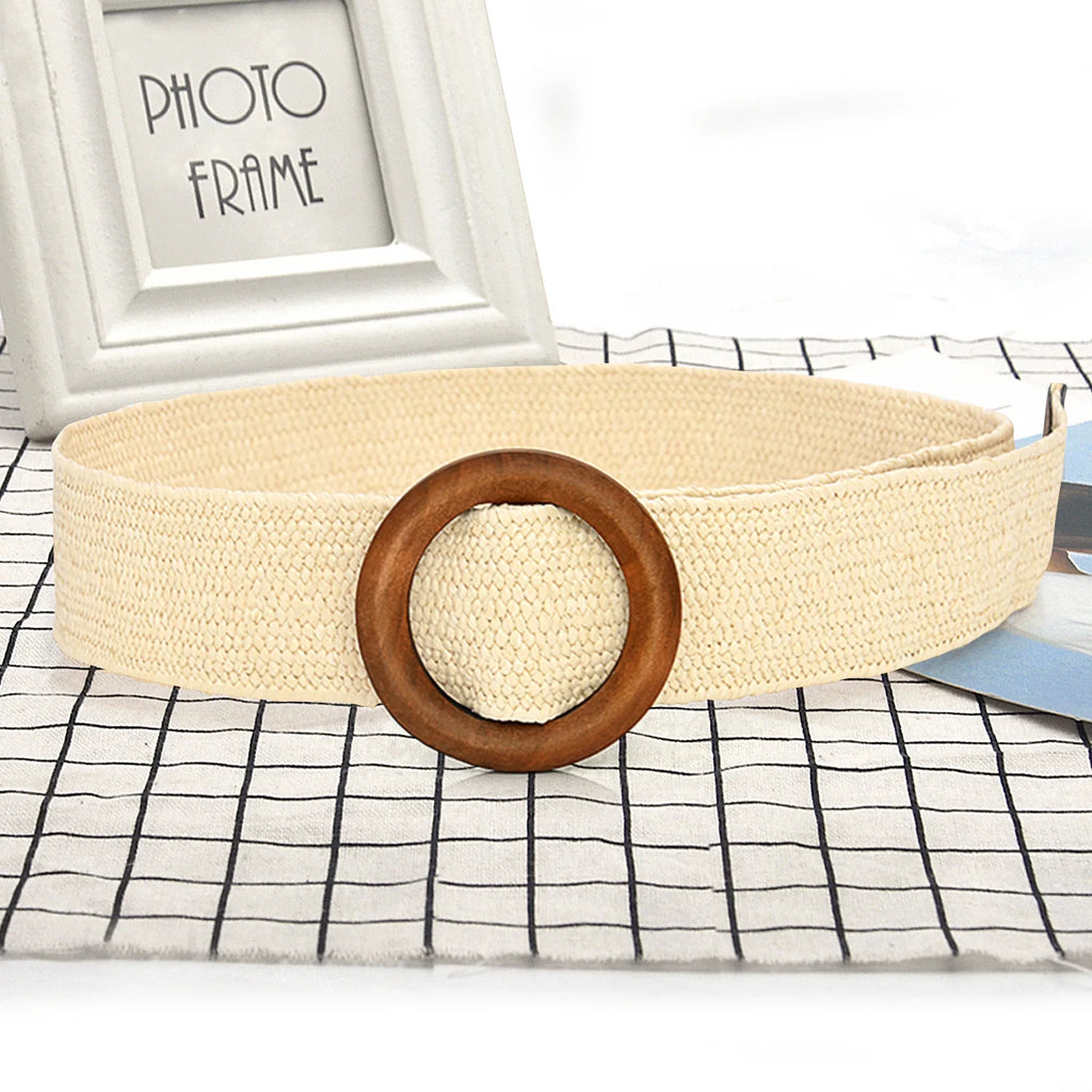 Hot Sale Vintage Boho Braided Waist Belt Summer Female Belt Round Square Leopard Wooden Buckle Fake Straw Wide Belts For Women