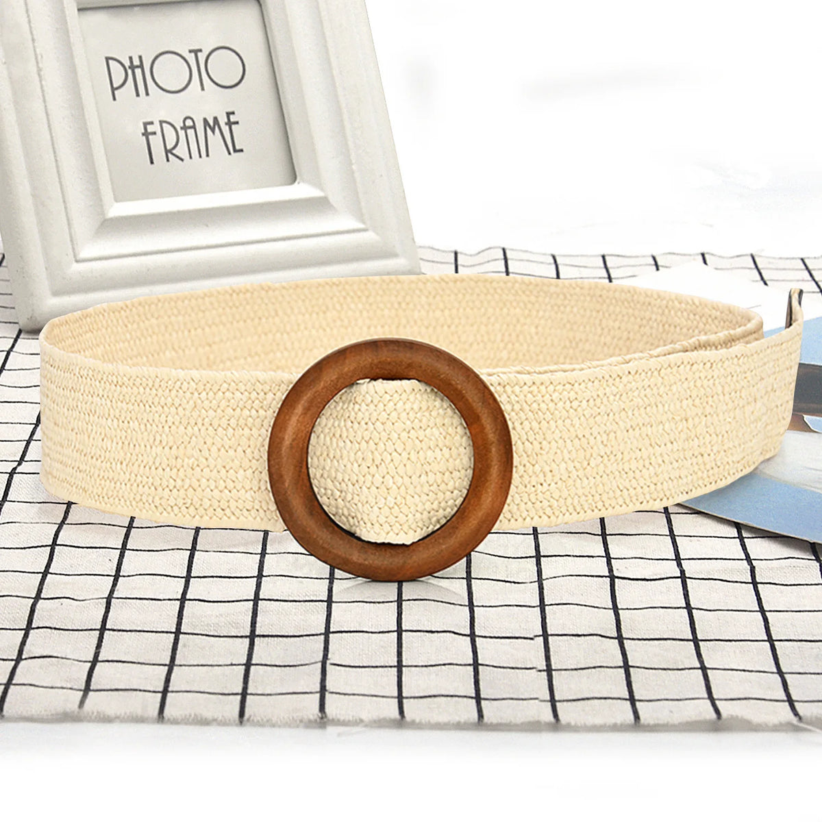 Hot Sale Vintage Boho Braided Waist Belt Summer Female Belt Round Square Leopard Wooden Buckle Fake Straw Wide Belts For Women