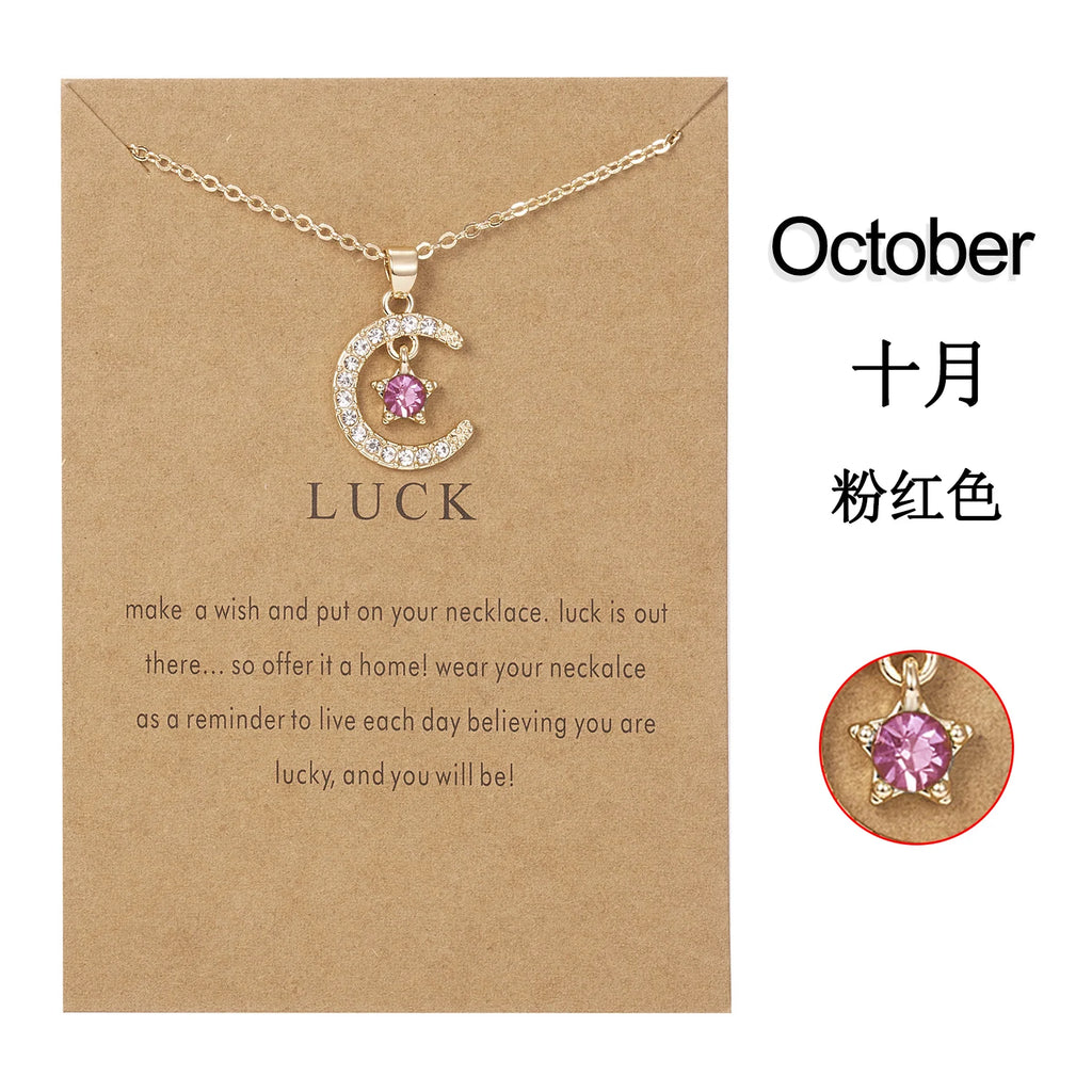 Fashion Personality Birthstone Moon Star Crystal Pendant Necklace for Women Clavicle Chain Choker Birthday Party Jewelry Gift