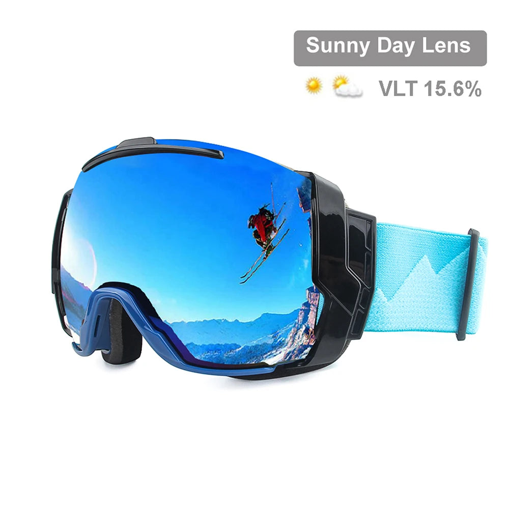 Ski Goggles UV400 Anti-fog with Sunny Day Lens and Cloudy Day Lens Options, Snowboard Sunglasses Wear Over Rx Glasses