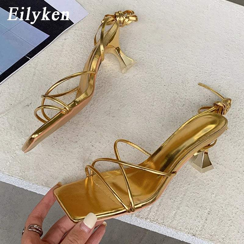 Eilyken Summer Fashion Silver Narrow Band Women Sandals Square Toe Gladiator Ankle Lace-up Casual Thin Low Heels Shoes