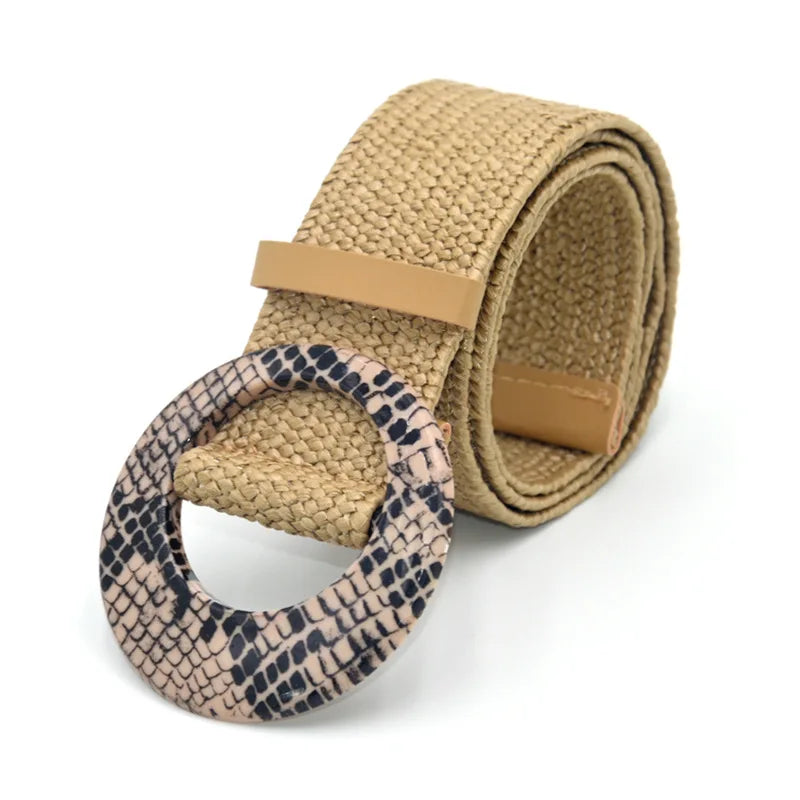 Hot Sale Vintage Boho Braided Waist Belt Summer Female Belt Round Square Leopard Wooden Buckle Fake Straw Wide Belts For Women