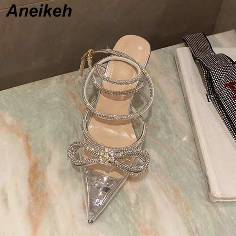 Aneikeh Spring/Autumn 2026 Women's Shoes Fashion Butterfly-Knot Narrow Band Bling Patchwork Cross-Tied Crystal Pointed Toe Pumps