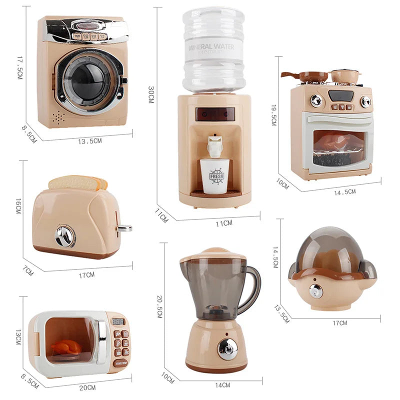 Simulation Electric Kitchen Toys Appliances Pop-up Toaster Microwave Oven Washer Dryer Mixer Blender Set Coffee Maker for Kids