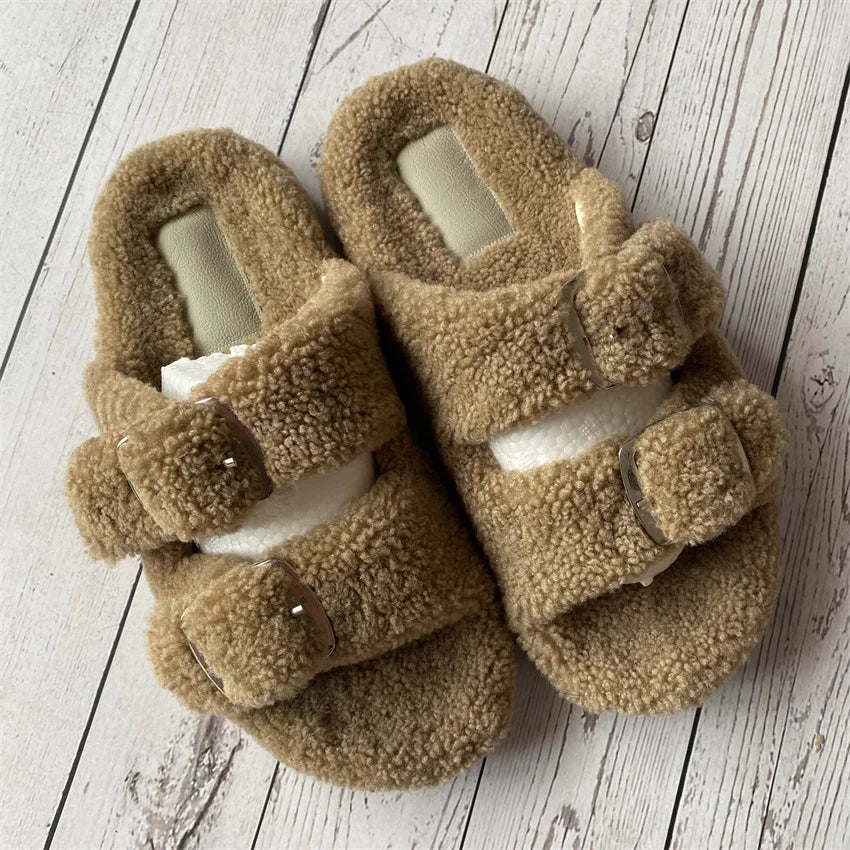 Cute Fluffy House Slippers For Woman Real Lamb Wool Slides Luxury Winter Warm Flip Flops Comfortable Plush Women's Mules Shoes