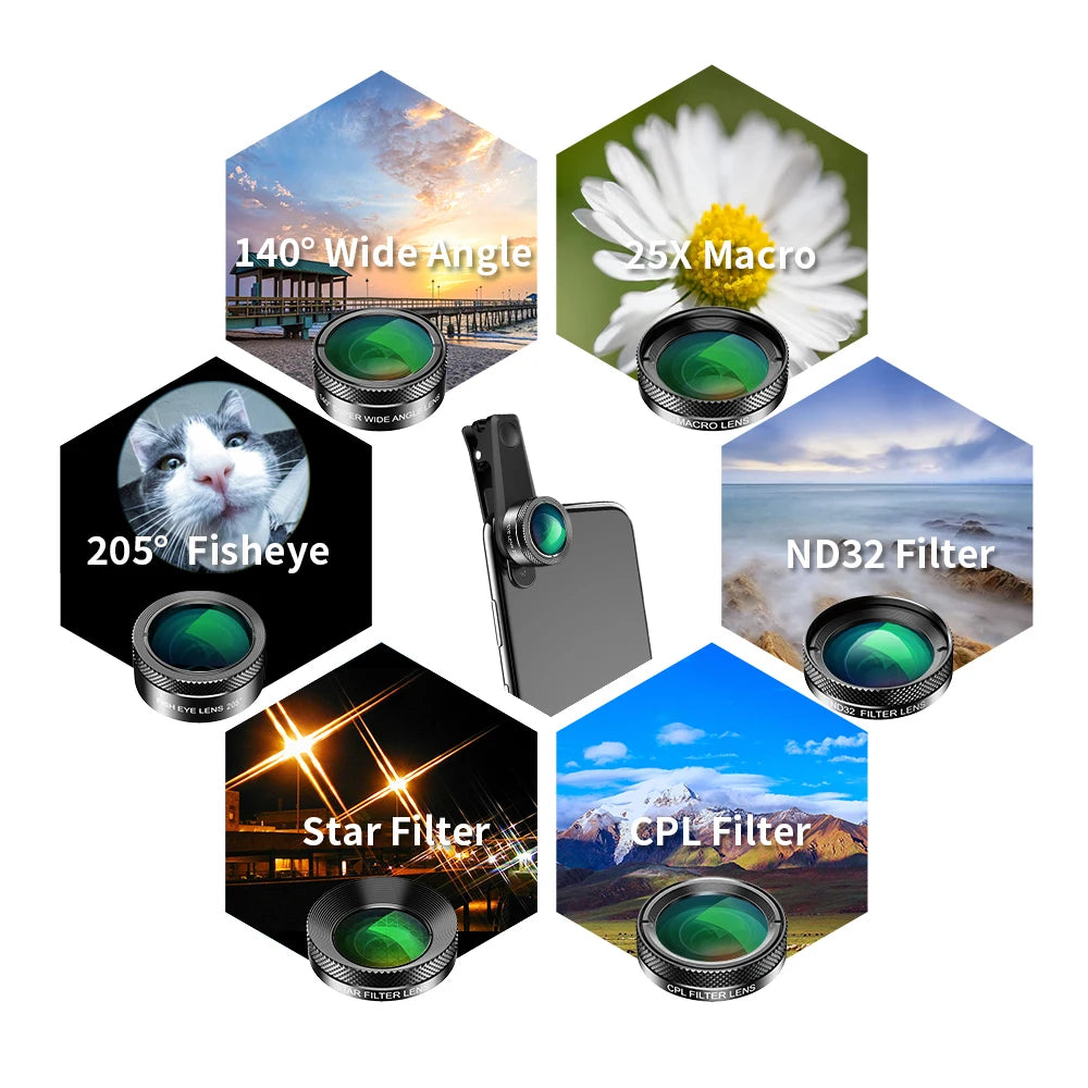 APEXEL 11 in 1 Phone Camera Lens Kit Fisheye Wide Angle Macro Lens CPL ND Filter Kaleidoscope and Telescope Lens for Smartphone