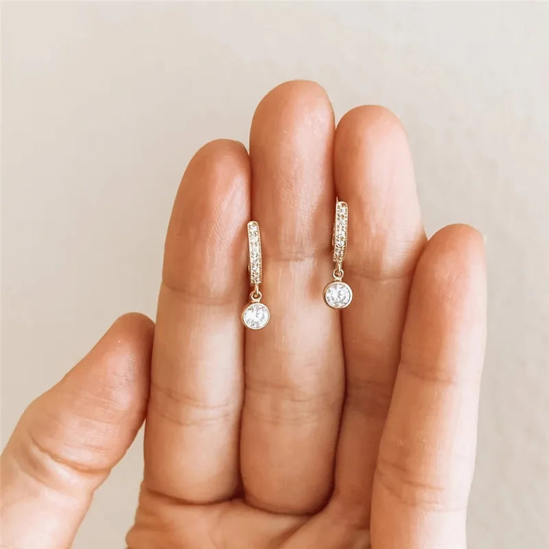 Huitan Fashion Simple Gold Color Women Drop Earrings with Round CZ Charm Creative Accessories Fancy Gifts Statement Jewelry