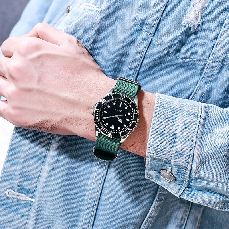 Diver Style Watch Japan Movement Rotating Bezel Fabric Strap 40mm Dial