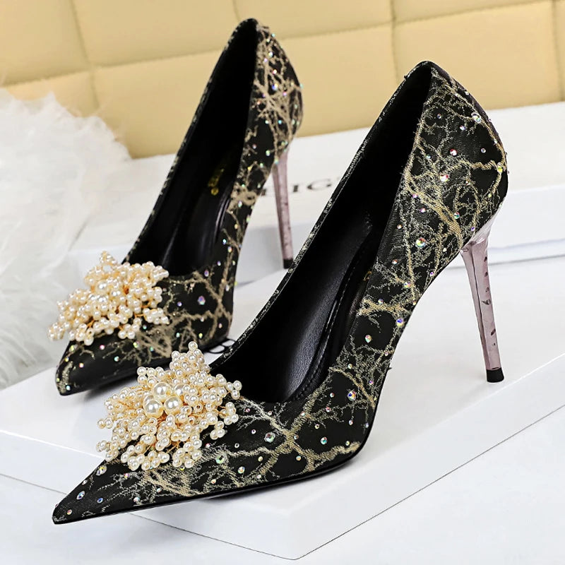 BIGTREE Shoes Pearl Flowers Woman Pumps Rhinestone High Heels 2026 New Luxurious Women Heels Stiletto Large Size Ladies Pumps