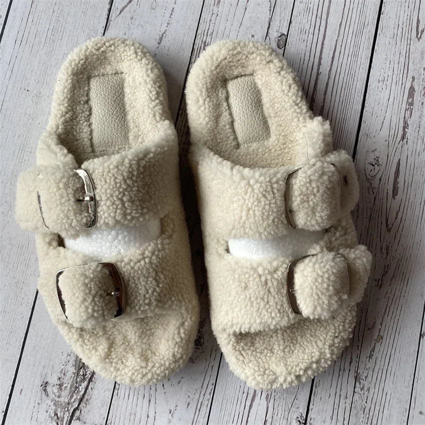 Cute Fluffy House Slippers For Woman Real Lamb Wool Slides Luxury Winter Warm Flip Flops Comfortable Plush Women's Mules Shoes