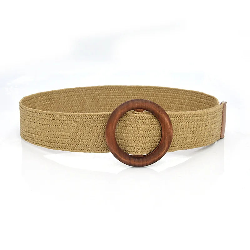 Hot Sale Vintage Boho Braided Waist Belt Summer Female Belt Round Square Leopard Wooden Buckle Fake Straw Wide Belts For Women