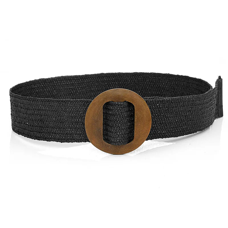 Hot Sale Vintage Boho Braided Waist Belt Summer Female Belt Round Square Leopard Wooden Buckle Fake Straw Wide Belts For Women