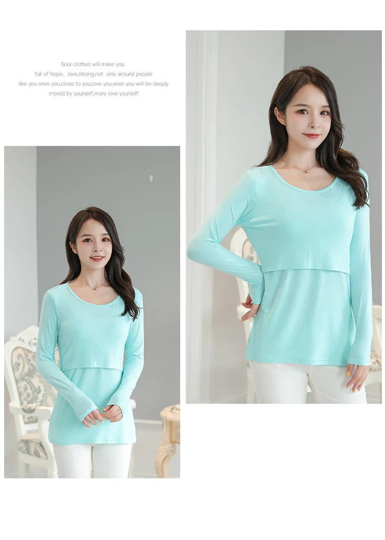 2025 Autumn Long Sleeve O-neck Postpartum Women Nursing T-shirt Maternity Breastfeeding Top Pregnancy Lactation Tees 7 Colors