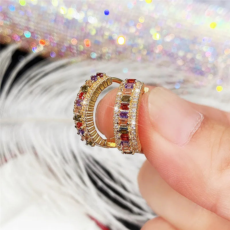 Huitan Gold Color Hoop Earrings for Women Luxury Inlaid Rainbow Cubic Zirconia Modern Fashion Ear Accessories Hot Jewelry