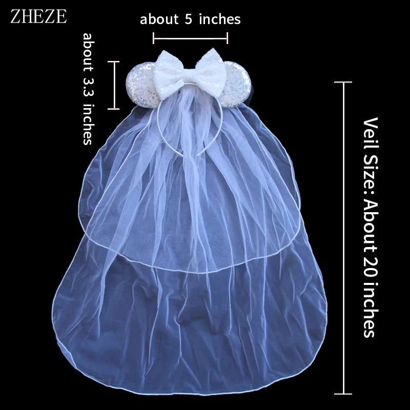 White Day Mouse Ears Headband With Veil Sequins 5"Bow Headwear For Women Festival Hairband Single Party DIY Hair Accessories