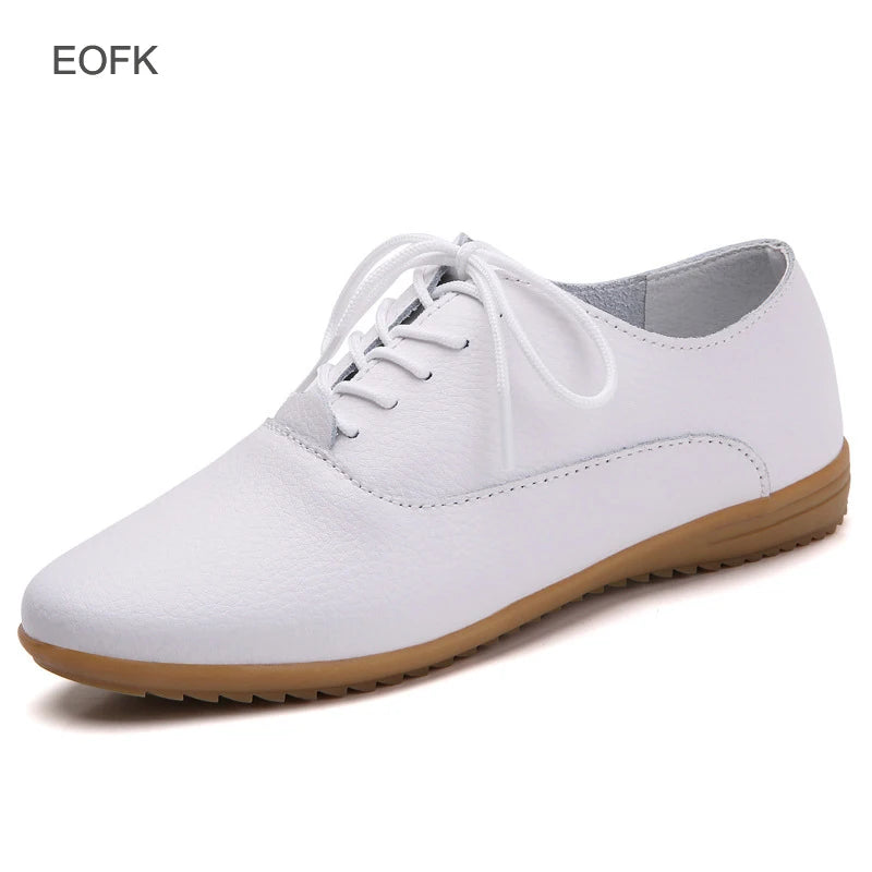 EOFK Spring Autumn Women Oxford Shoes Medical Casual Leather Ballet Flats Lace Up Soft Comfortable Ladies Derbys