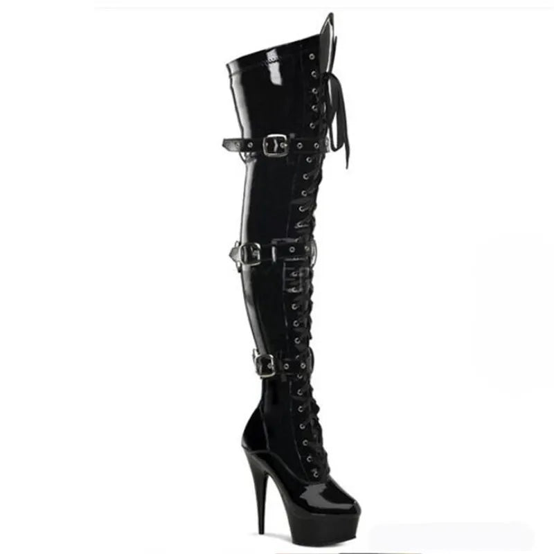 New Style Women’s Shoes genuine super star 15CM stiletto strap belt buckle over the knee boots fashion Pole dance leather Pumps