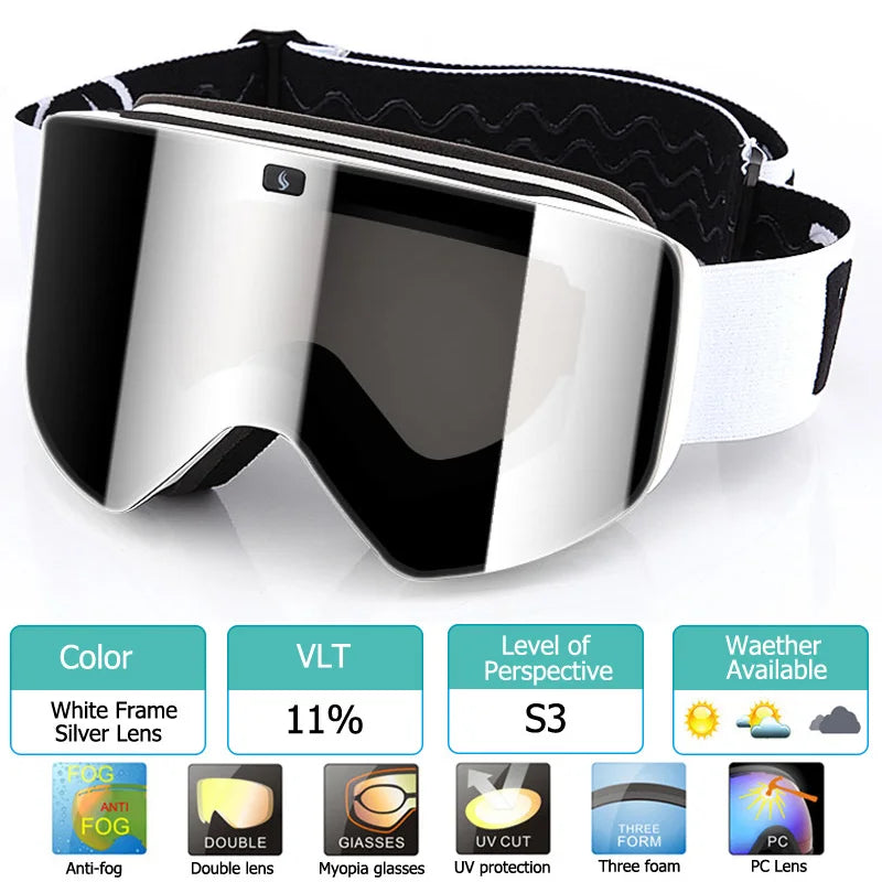 Ski Goggles with Magnetic Double Layer Polarized Lens Skiing Anti-fog UV400 Snowboard Goggles Men Women Ski Glasses Eyewear