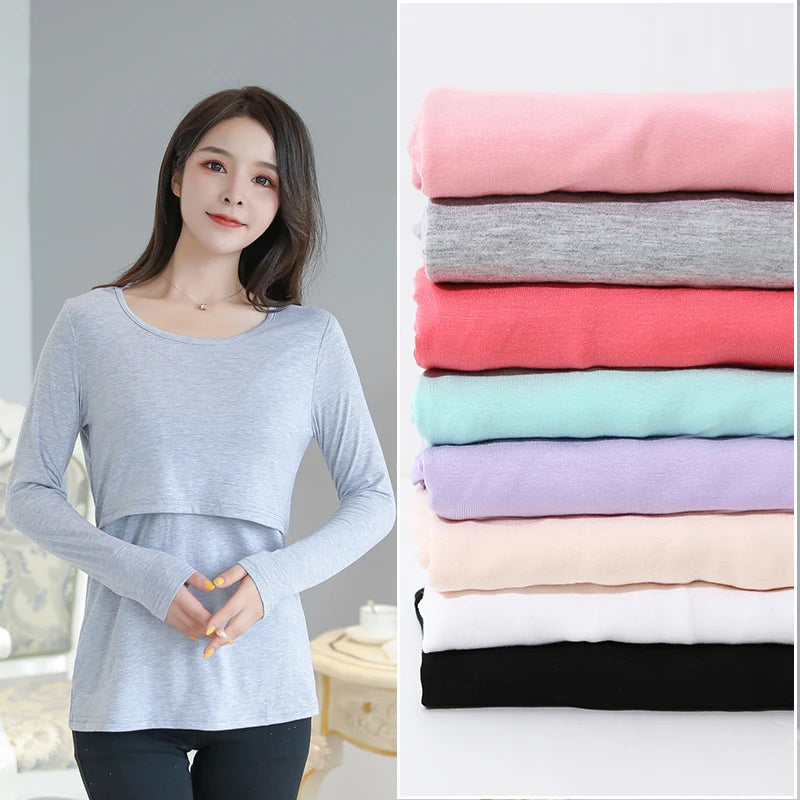 2025 Autumn Long Sleeve O-neck Postpartum Women Nursing T-shirt Maternity Breastfeeding Top Pregnancy Lactation Tees 7 Colors