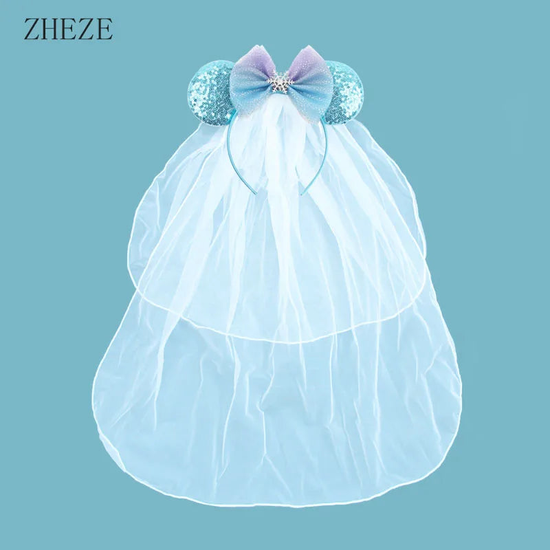 White Day Mouse Ears Headband With Veil Sequins 5"Bow Headwear For Women Festival Hairband Single Party DIY Hair Accessories