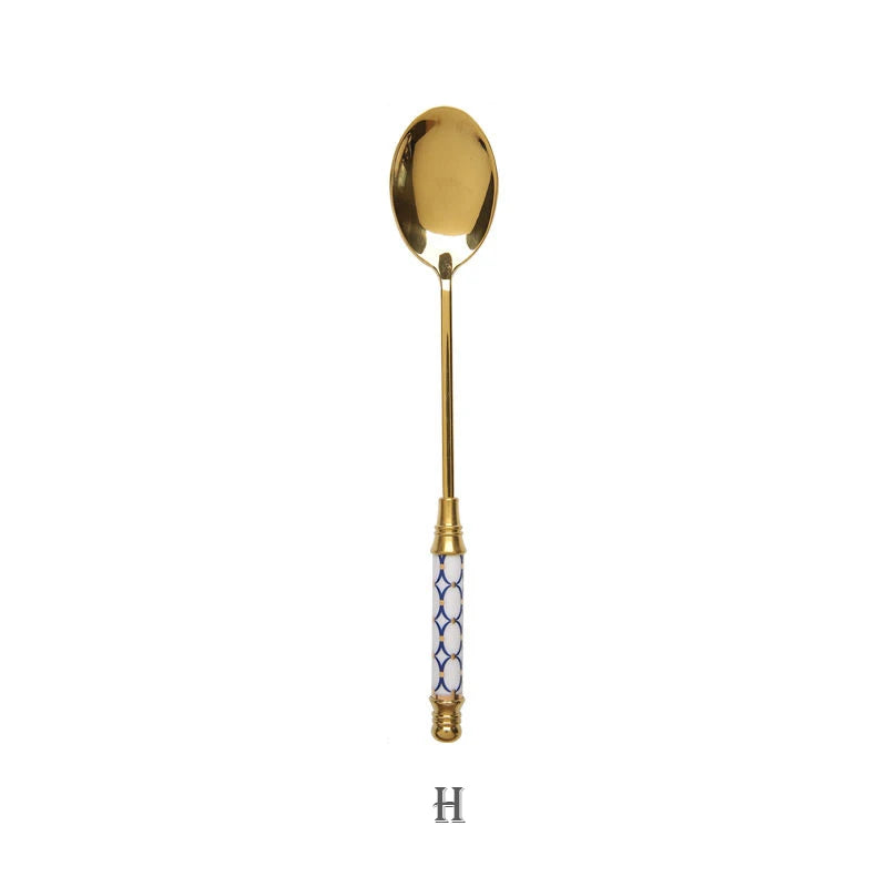 Stainless Steel Dessert Spoon Ceramic Long Handle Icecream Spoon Teaspoon Gold Coffee Cake Fruit Milk Spoon Kitchen Tableware