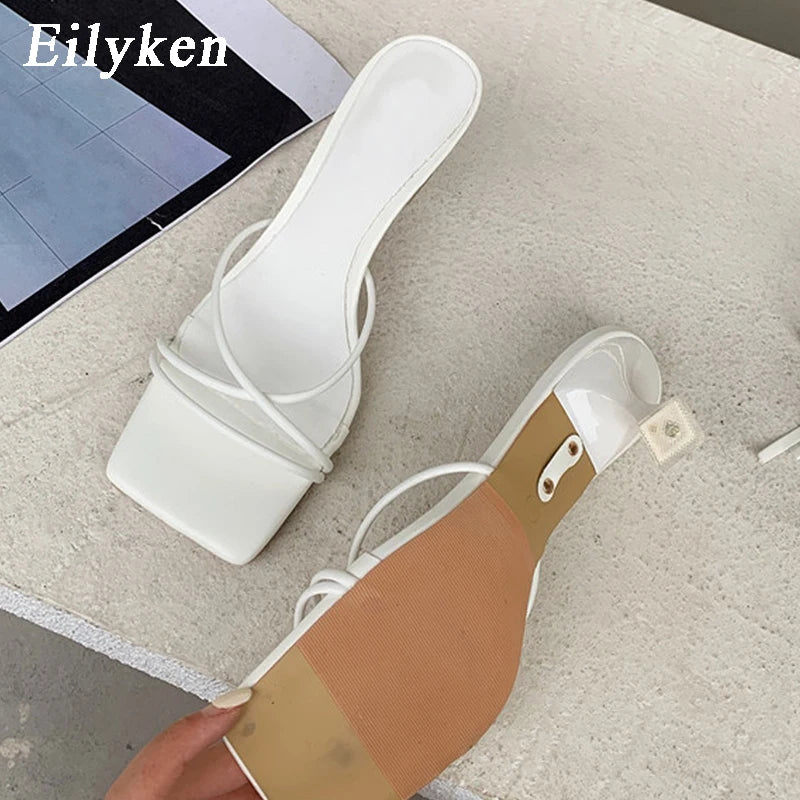 Eilyken Summer Fashion Silver Narrow Band Women Sandals Square Toe Gladiator Ankle Lace-up Casual Thin Low Heels Shoes