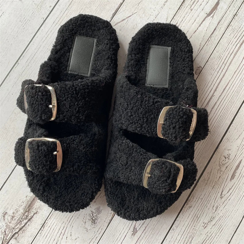 Cute Fluffy House Slippers For Woman Real Lamb Wool Slides Luxury Winter Warm Flip Flops Comfortable Plush Women's Mules Shoes