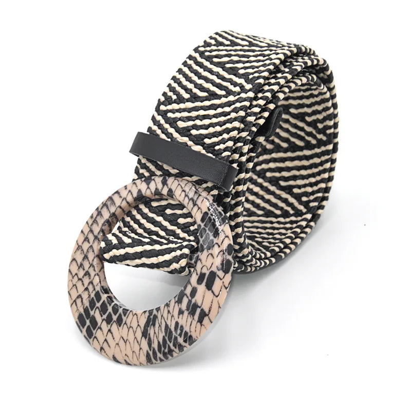 Hot Sale Vintage Boho Braided Waist Belt Summer Female Belt Round Square Leopard Wooden Buckle Fake Straw Wide Belts For Women