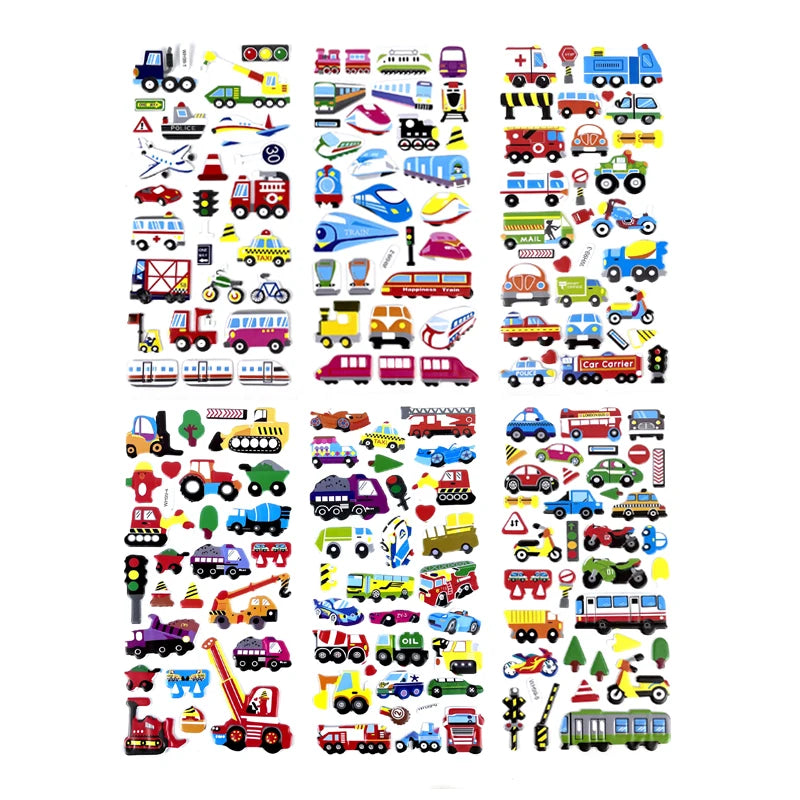 6 Sheets 3D Bubble Sticker Car Truck Plane Traffic Waterproof Cartoon Anime Stickers For Girl Boy Kids Funny Educational Toys