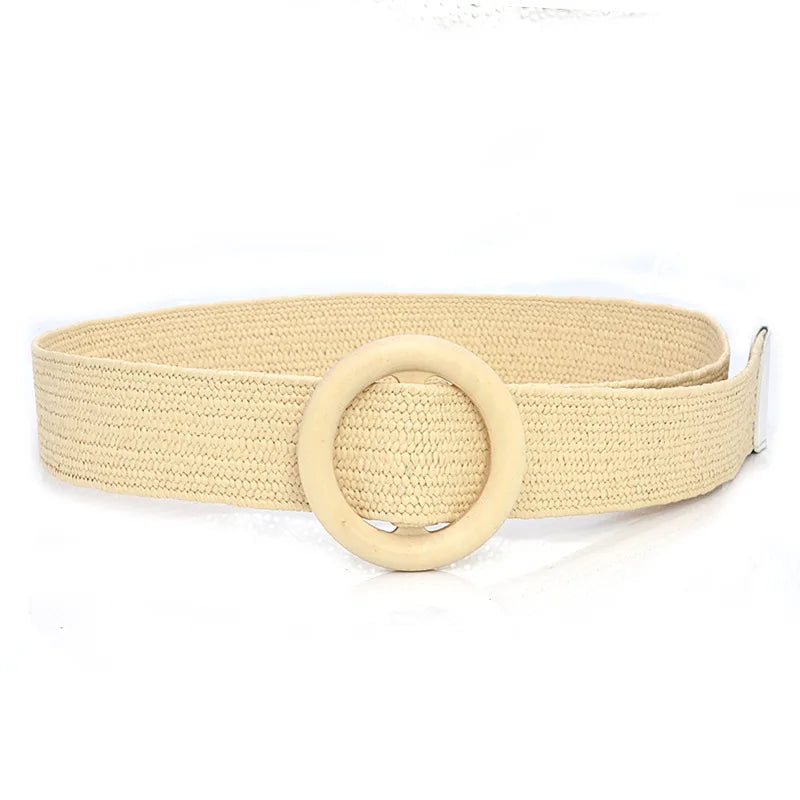 Hot Sale Vintage Boho Braided Waist Belt Summer Female Belt Round Square Leopard Wooden Buckle Fake Straw Wide Belts For Women