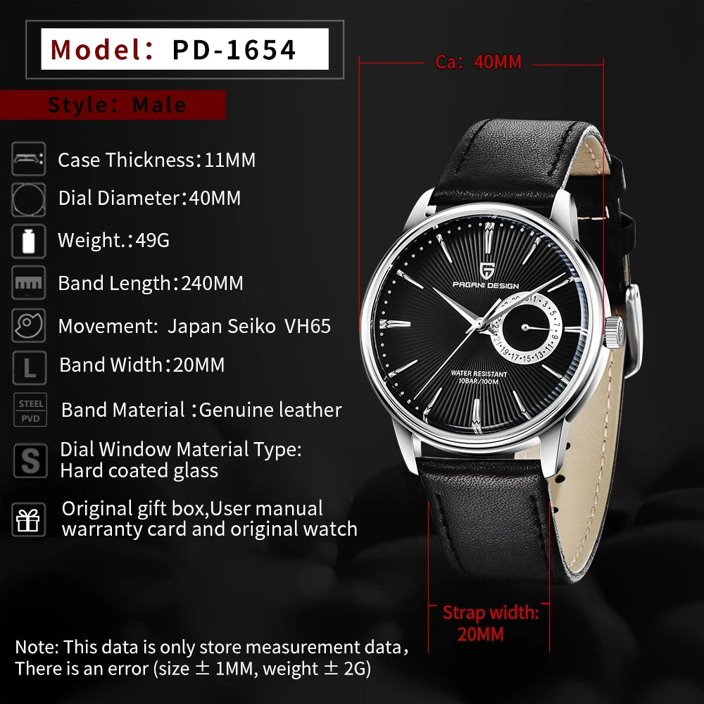 Original PAGANI DESIGN 1654 Fashion Casual Sports Watch Men Military Watch Stainless Steel Waterproof Quartz Watch Reloj Hombre