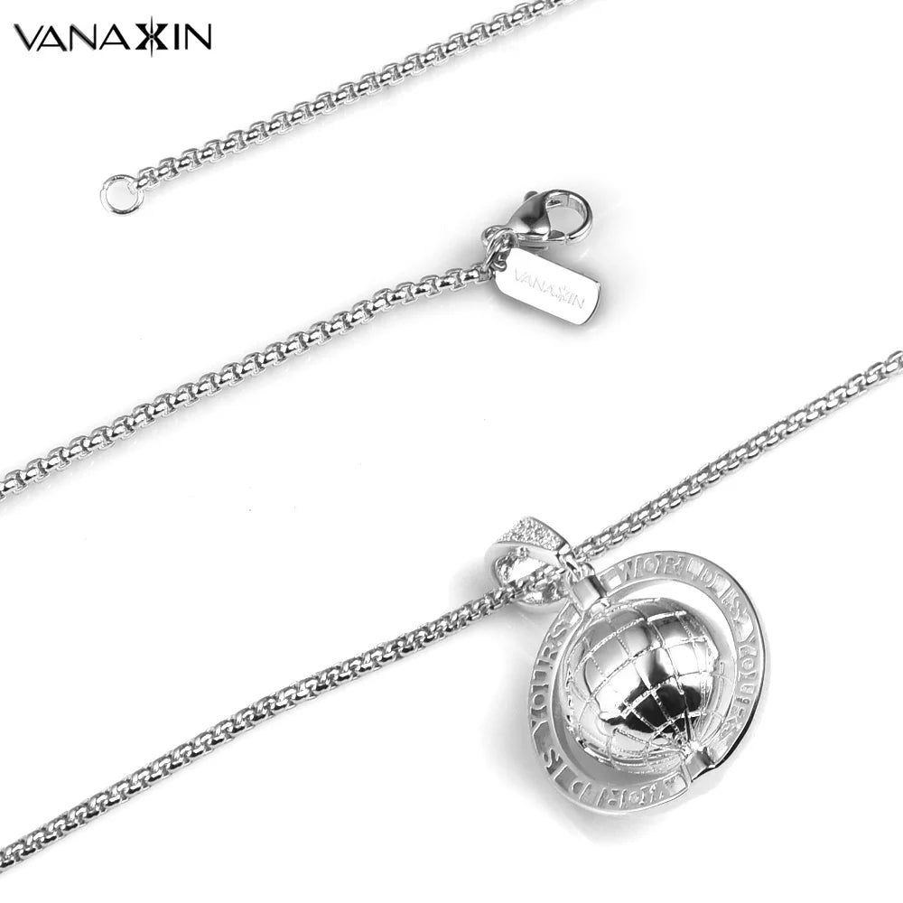 VANAXIN Vintage Globe Earth Tellurion Pendant Necklace 14k Gold Plated Cubic Zircon Hip Hop Chain Gold Color Gift for Women Men