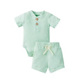 2Pcs Unisex Baby Summer Outfits Suit Solid Color Ribbed Casual Short Sleeves Romper+Elastic Waist Shorts for Toddler Infant