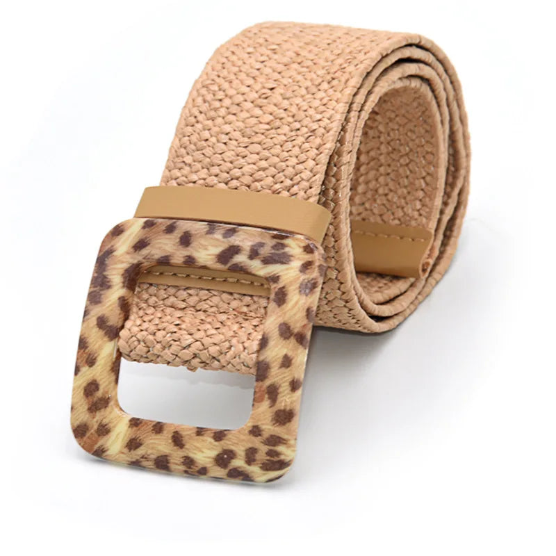 Hot Sale Vintage Boho Braided Waist Belt Summer Female Belt Round Square Leopard Wooden Buckle Fake Straw Wide Belts For Women