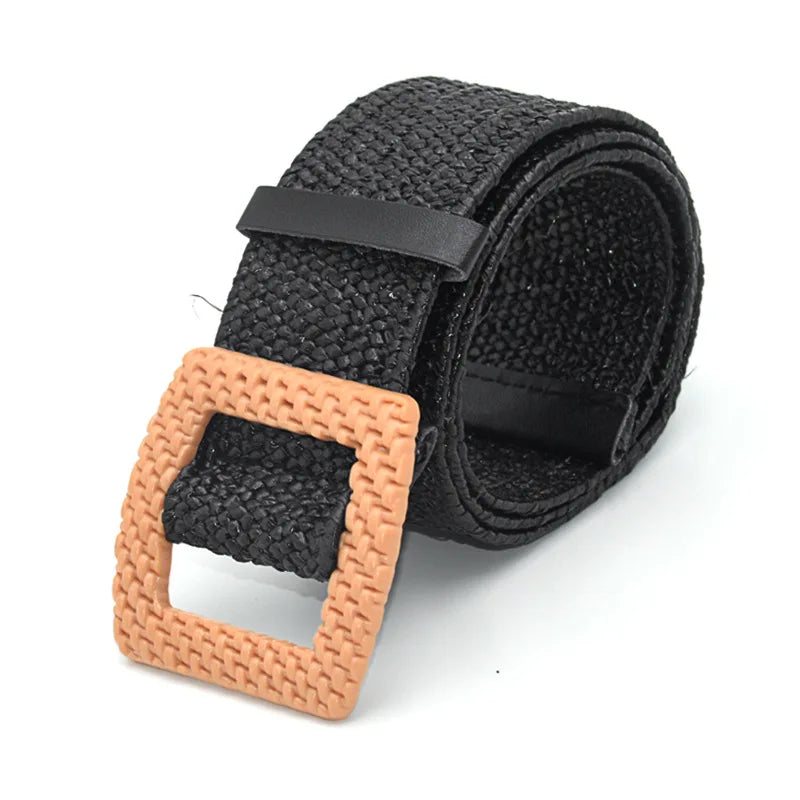 Hot Sale Vintage Boho Braided Waist Belt Summer Female Belt Round Square Leopard Wooden Buckle Fake Straw Wide Belts For Women